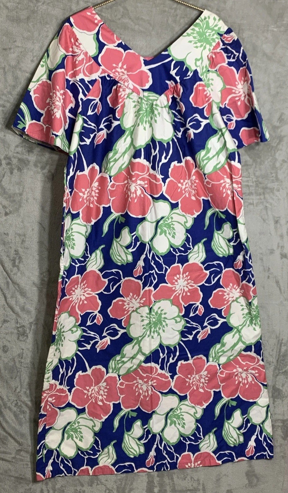 VTG Sears & Co. House Dress M 12-14 Long Blue Pink Floral Hibiscus Cotton MuuMuu