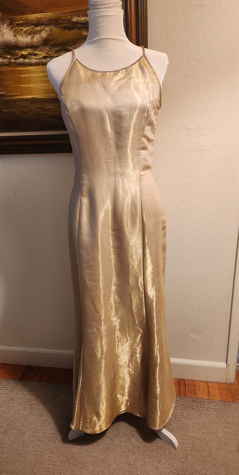Vintage 1990s Scott McClintock Shimmery Gold Maxi Prom Dress Size 10 Rhinestone