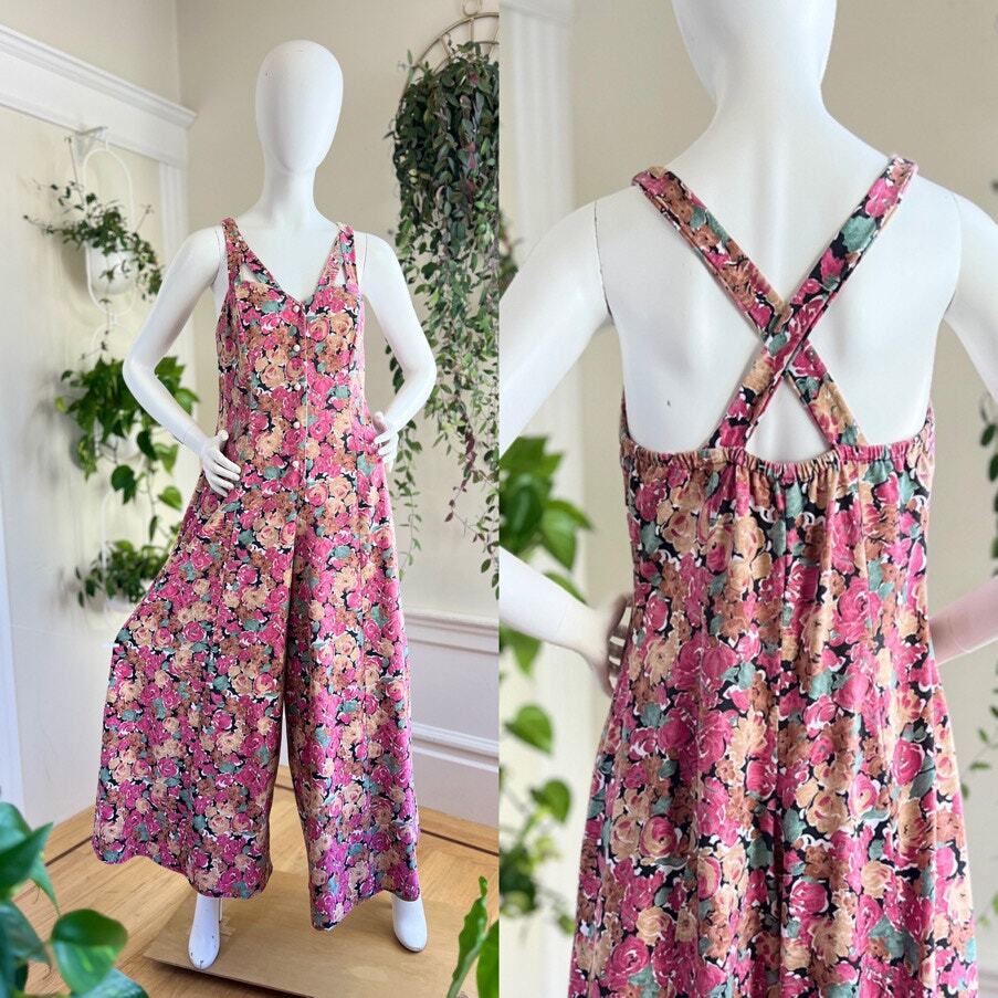 Vintage 1990s Jumpsuit 90s Floral Print Wide Leg Palazzo Romper Pink Cotton