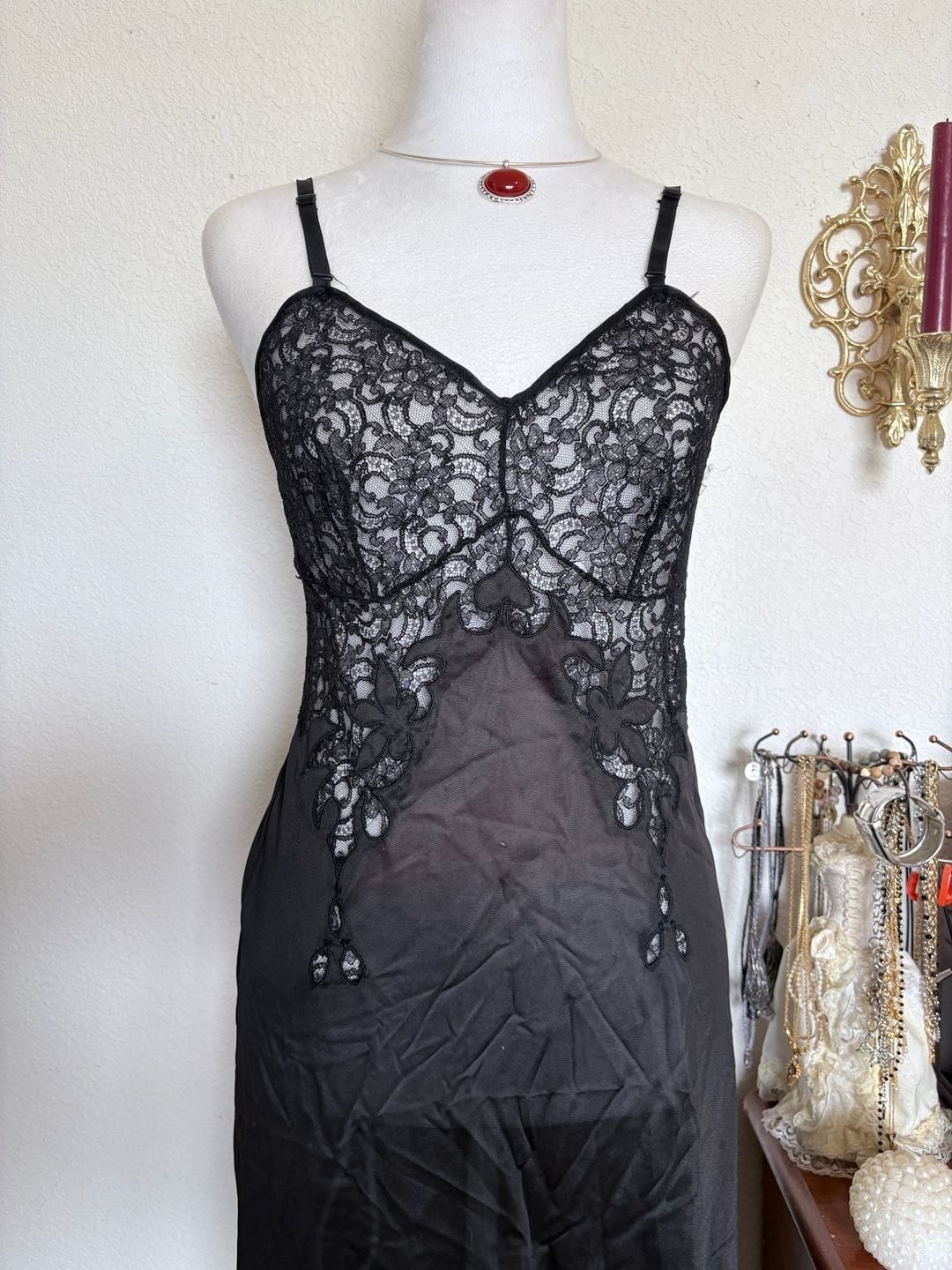 Vintage Black Nylon Lots of Lace Bust Slip Gothic Dress