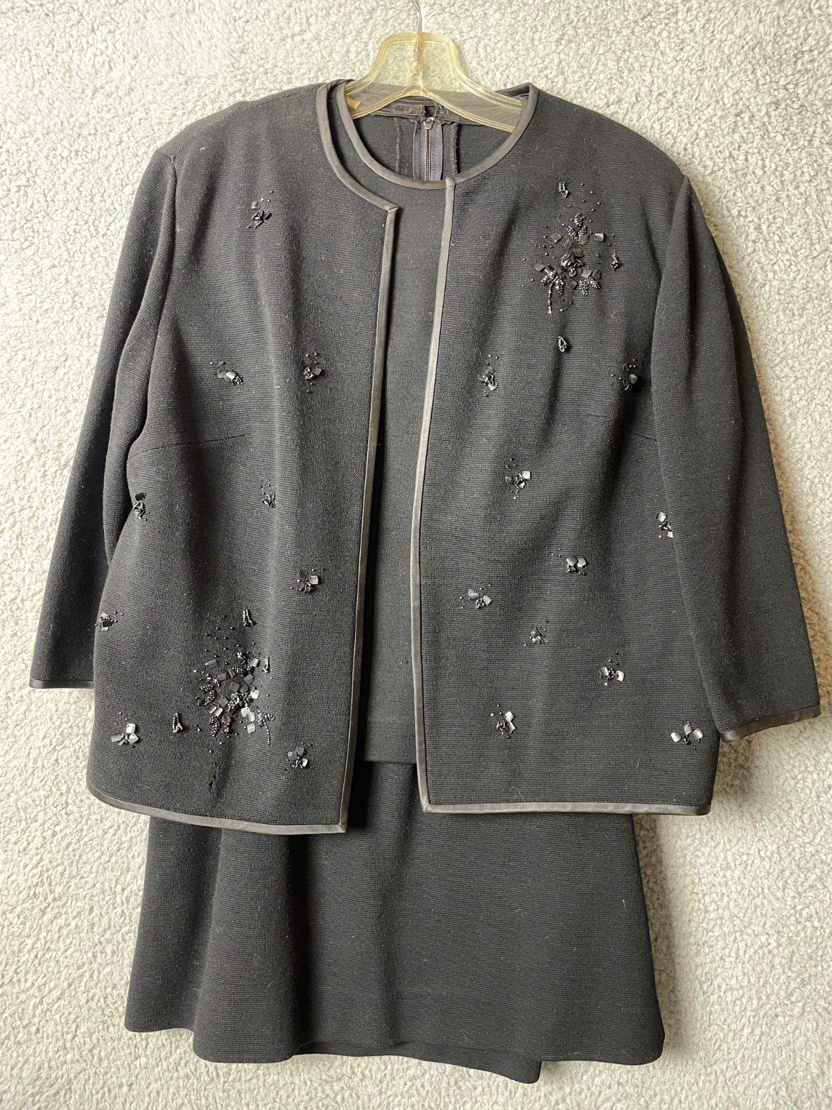VTG Butte Knit 3 PC Suit Jacket Top Skirt Womens 12 Blk Wool 60s NEEDS REPAIR