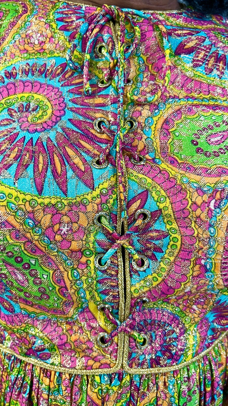 VTG 60s Mary Sachs Metallic Paisley Mod Gogo Dress XS S Rhinestone Detail