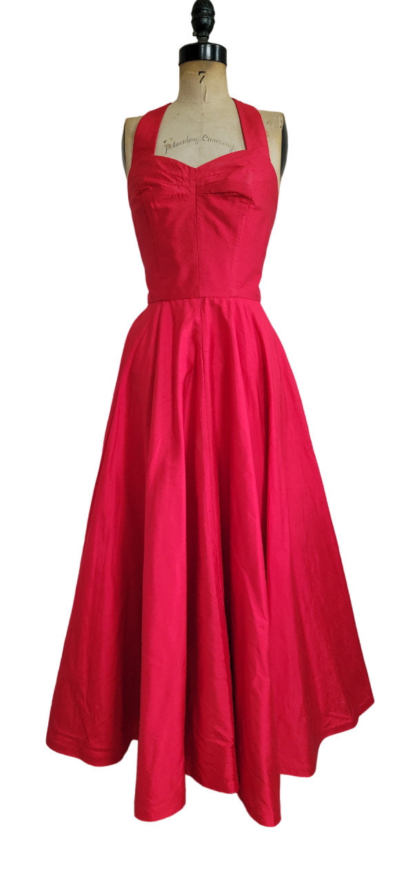 Sexy Vamp Lipstick Red Halter dress Silk Pin Up Vintage 80s does 50s Marilyn