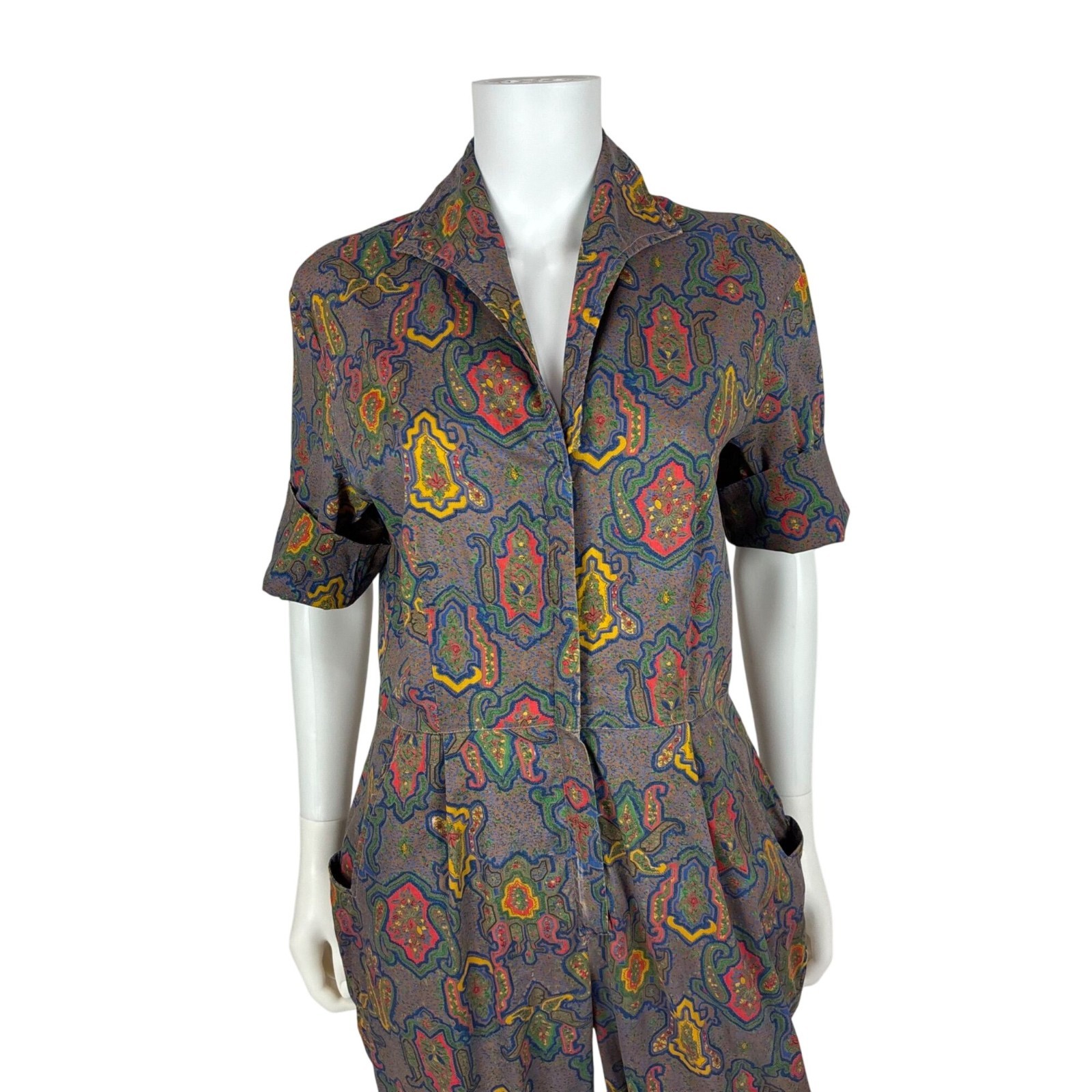 Vintage 50s Jumpsuit Womens L AS IS Multicolored Pattern Cotton Zip Up Casual