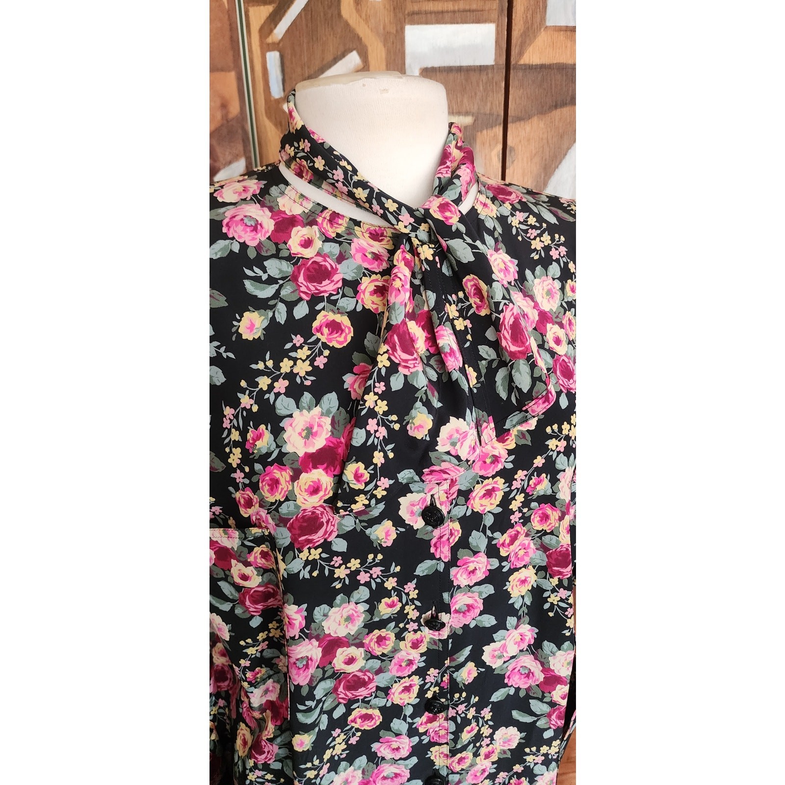 Vintage 1980s UNGARO Silk Floral Print Dress Necktie Sash Button Down Front