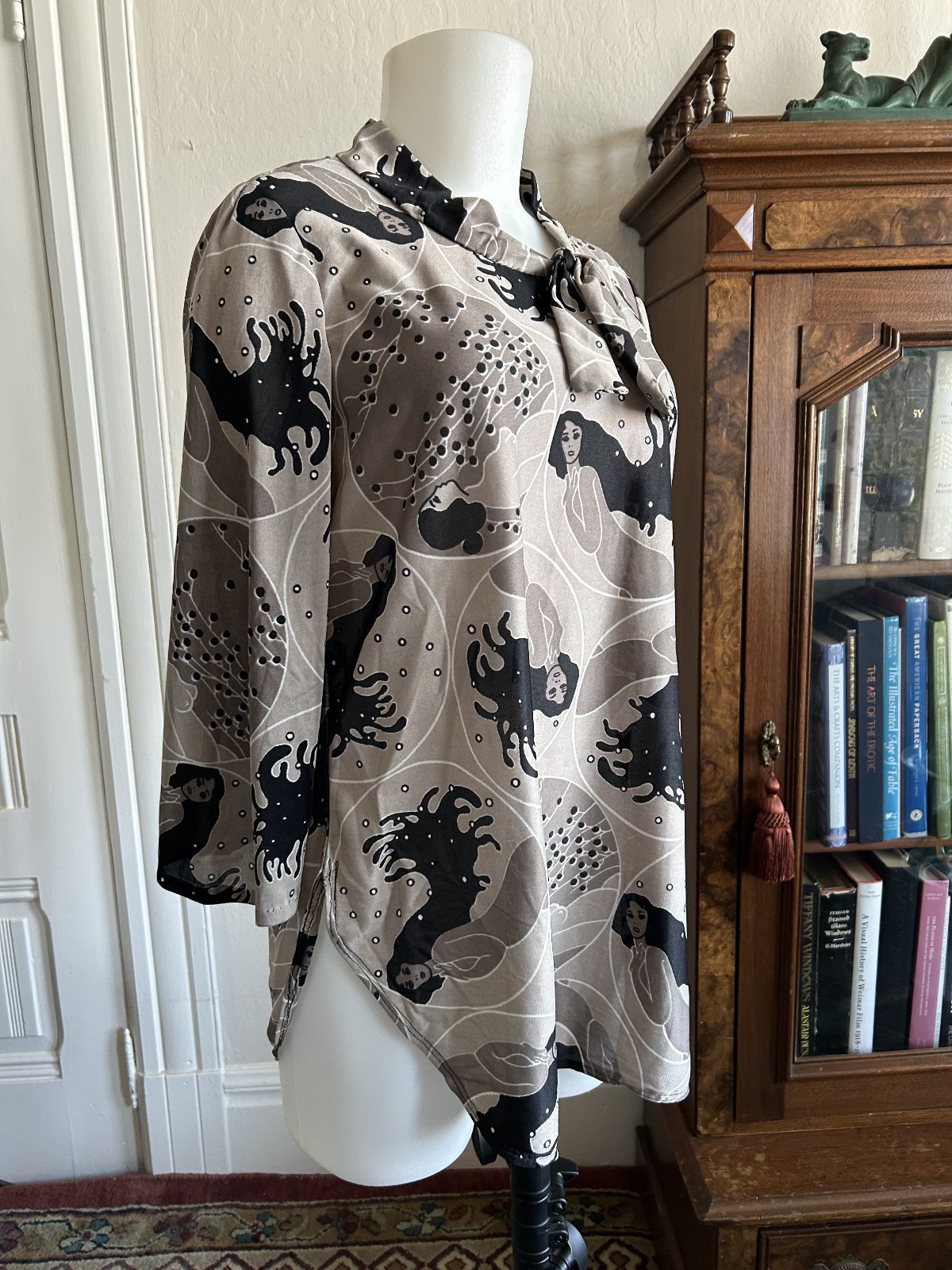 RARE 60s Vintage Handmade Psychedelic Gray Water Nymph Nouveau Mod Tunic Top -M
