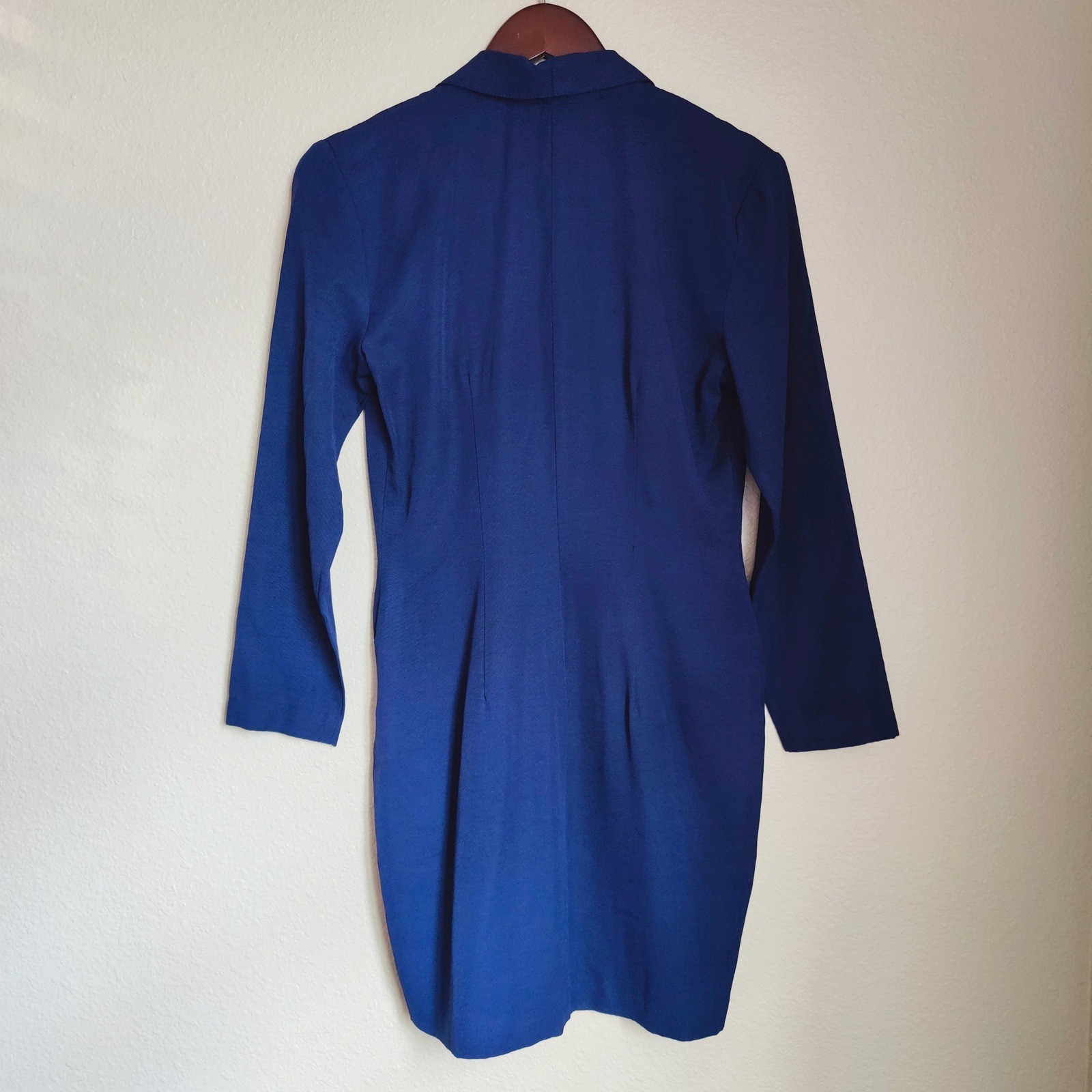 Vintage 80s Young Edwardian Royal Blue Blazer Dress Pearl Buttons Retro Sheath