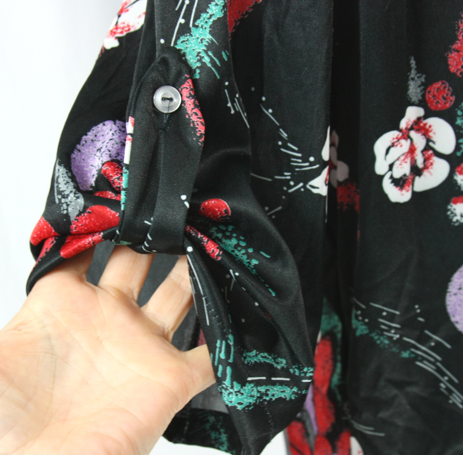 Vintage Red Black Floral Keyhole Bow Neck Tab Sleeve Tunic Top Boho 1970s M L