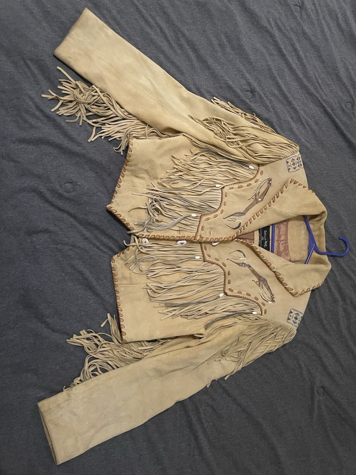 VTG Patricia Wolf Hand Painted Suede Leather Fringe Jacket Sz L Pls. See Photos