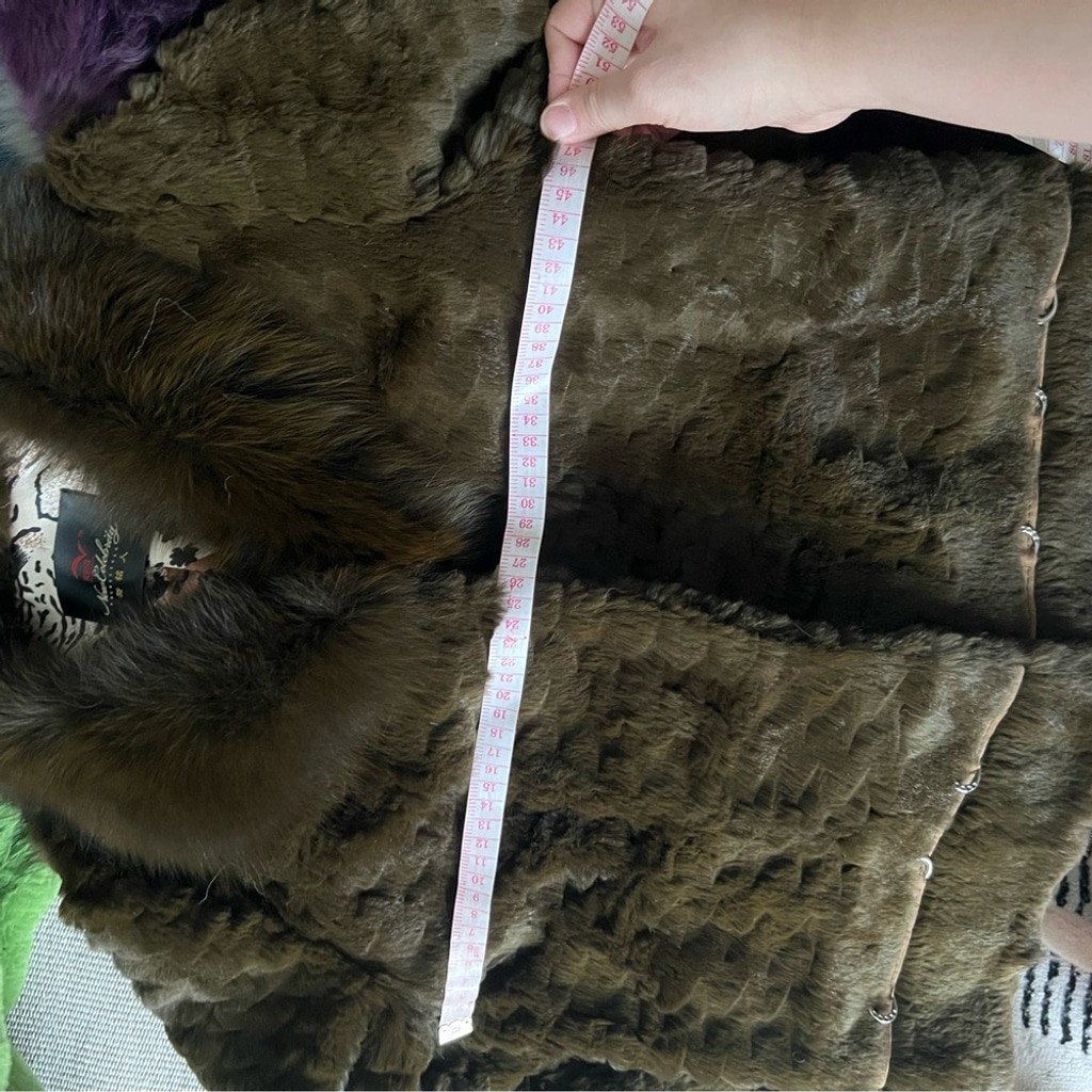 Vintage Brown-Green Real Rabbit & Fox Fur Jacket with Ring Details | Size M