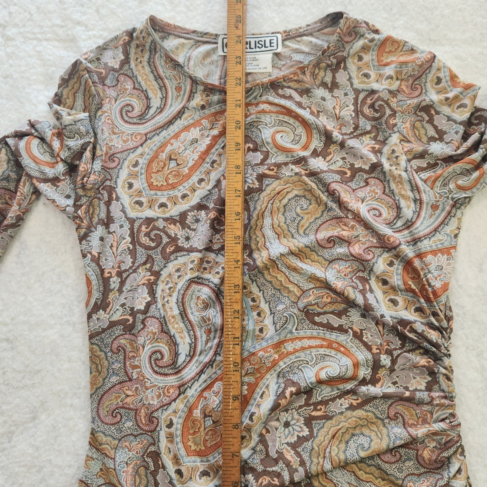 Vintage CARLISLE Paisley Fitted Shirt Women’s 12 Stretch Lightweight Ruched Top