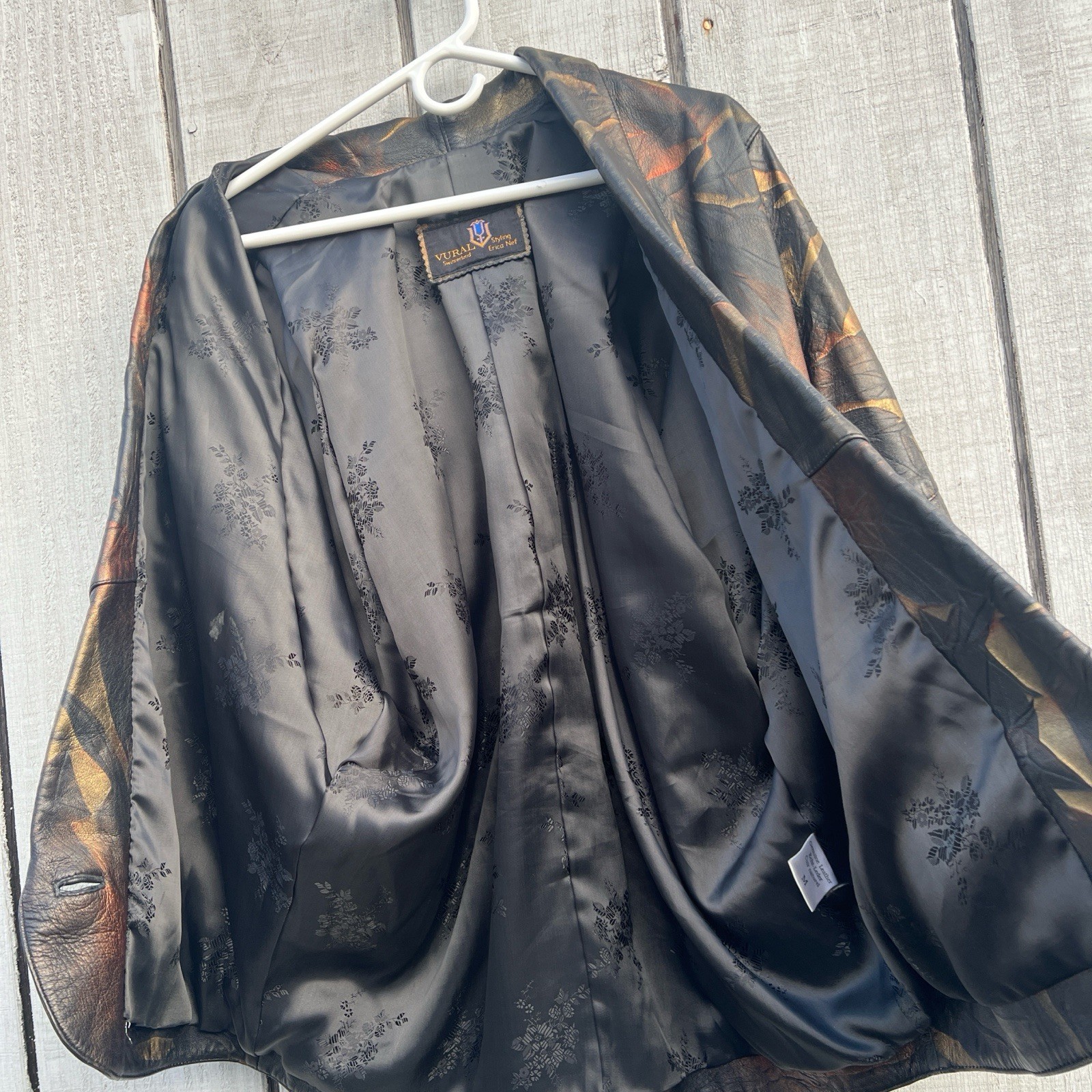 Vtg Leather Jacket Vural Styled By Erica Nef,Brown Gold, Abstract Leaf Pattern M