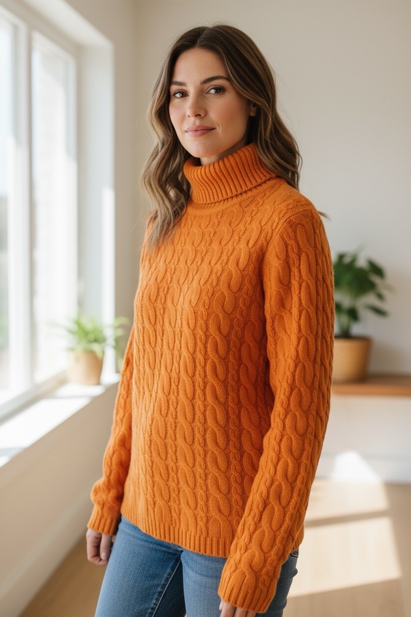 VTG Don Caster Sports Women’s 100% Cashmere Cable Knit Turtleneck Sz S Orange