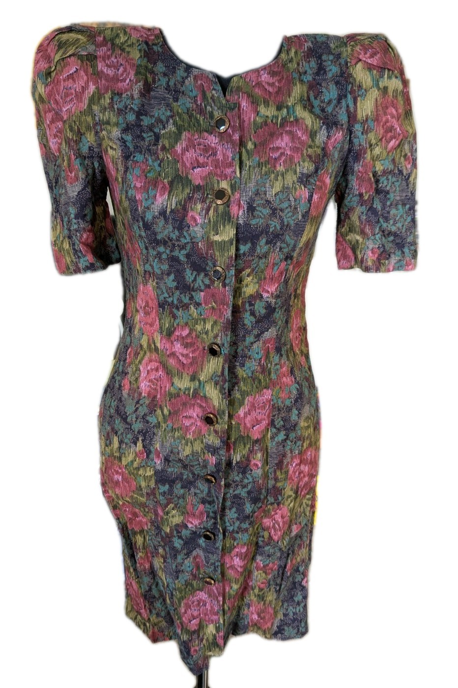 Vintage 80s Floral Button Down Dress W/ Puff Sleeves And Bow On Back Size 2