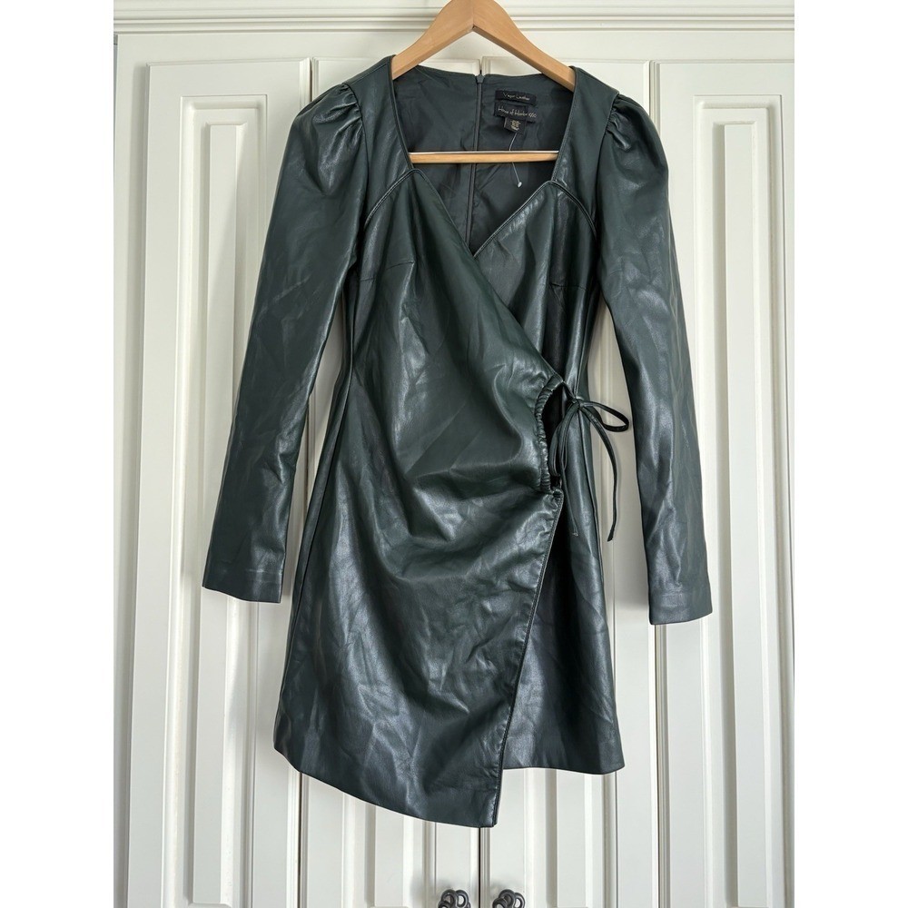 House of Harlow 1960 Green Vegan Leather Long Sleeve Wrap Dress Womens XS NWOT