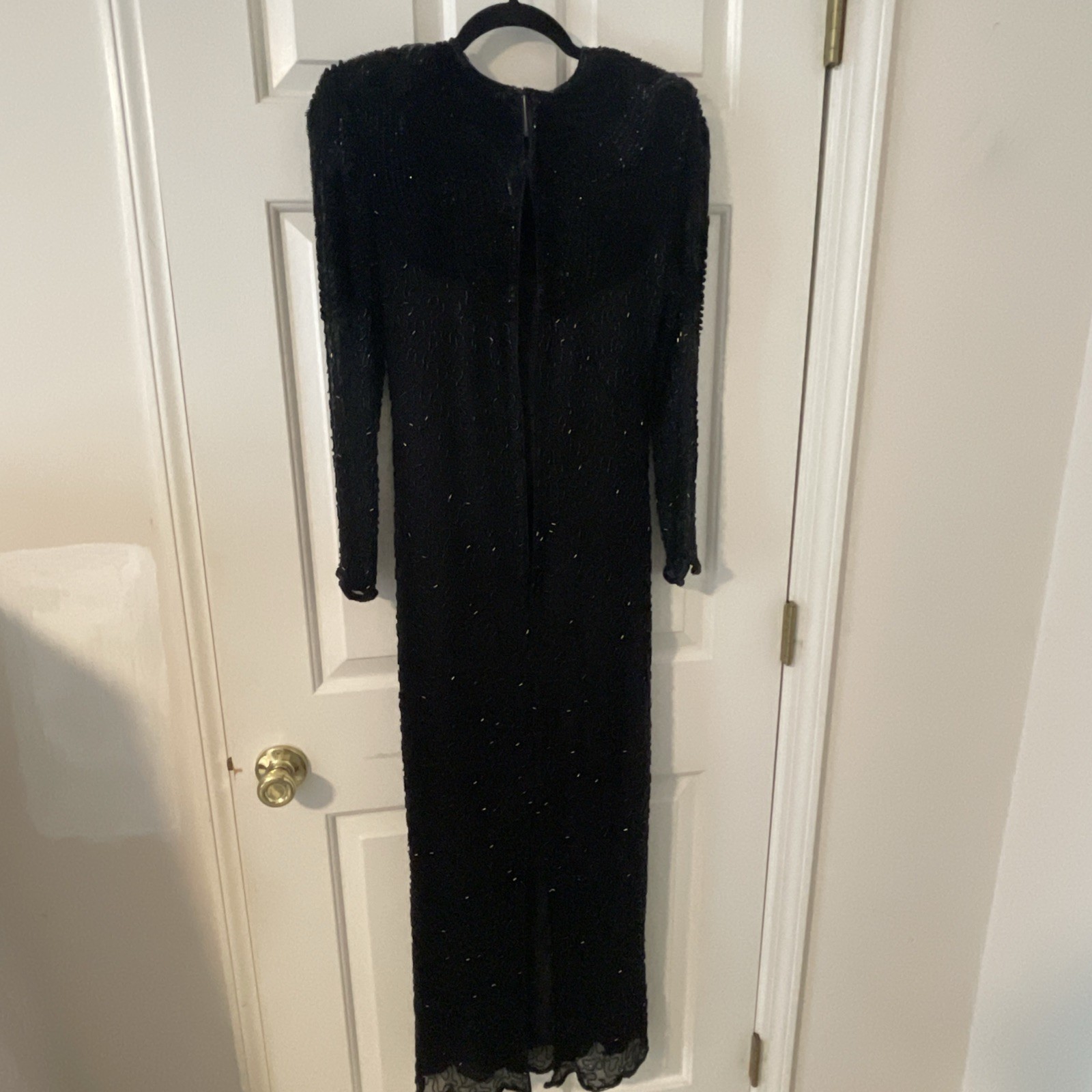 Vtg SWEELO Black 100% Silk Sequin Beaded Slim Fit Long Evening Party Dress Sz S