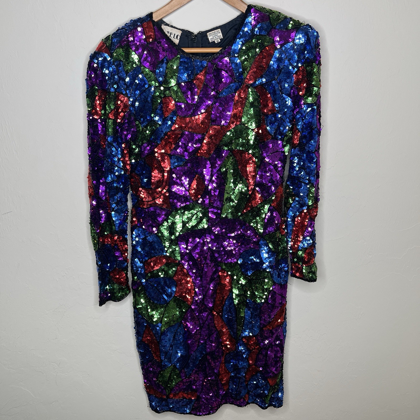 Vtg 80s Swee Lo Beaded Silk Dress Sequin Mosaic Cocktail Medium