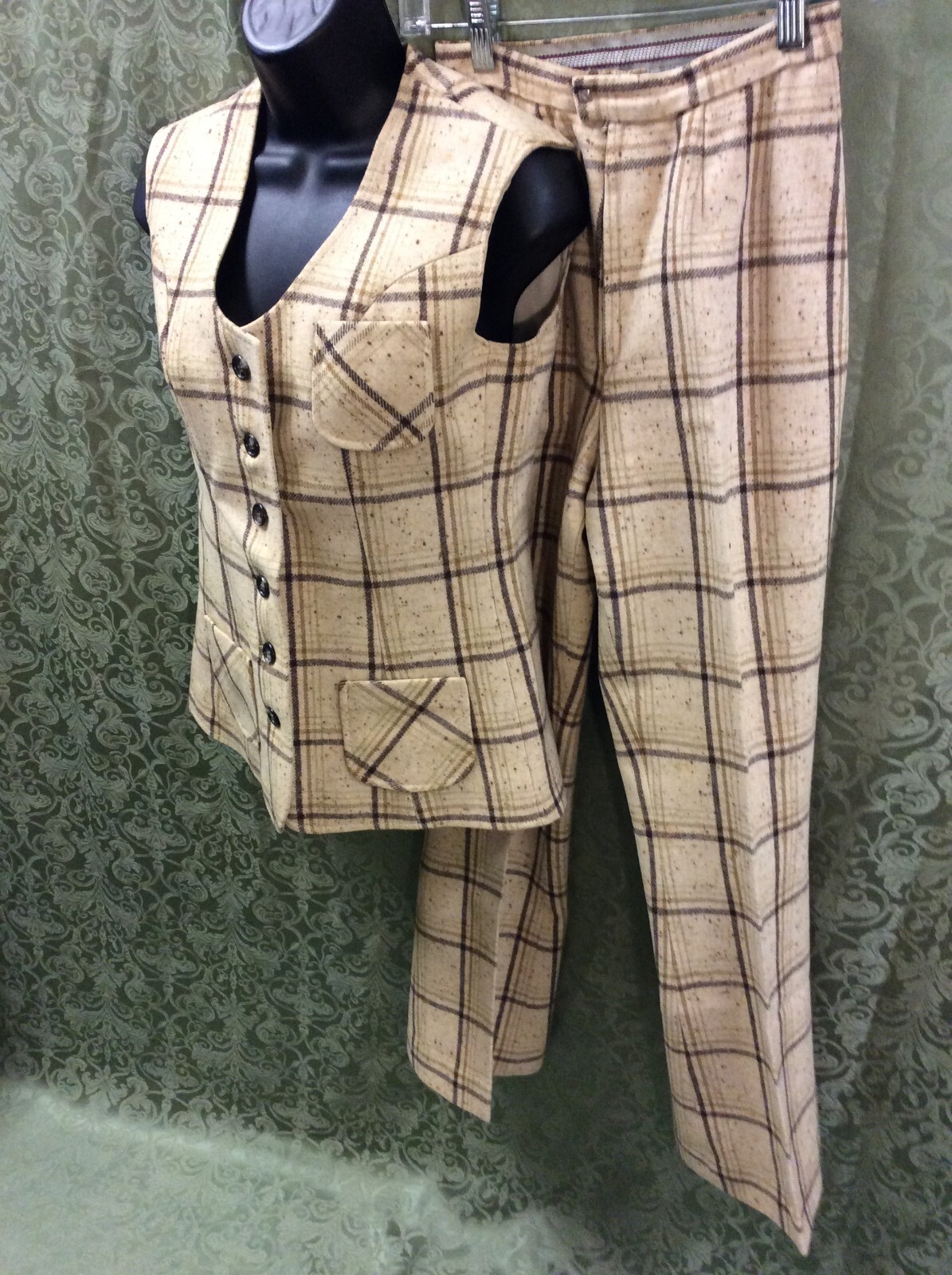 wool Suit XS 34 top 22X28.5 pant tan Brown 2 Piece Pant Suit Vintage 70’s plaid