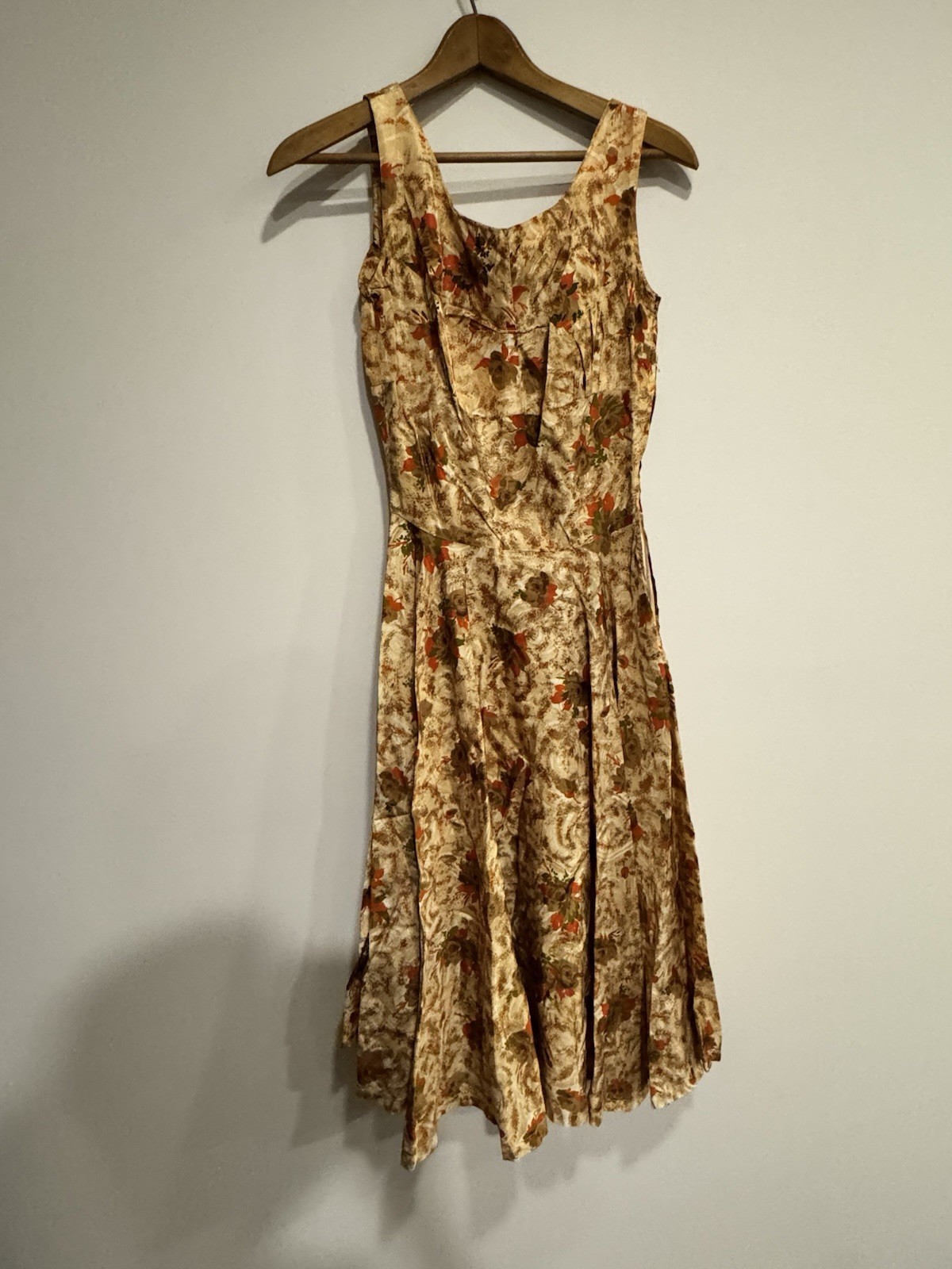 Vintage MCM 50s/60s Handmade Dress Tea Length Earth Tones Floral Fit & Flare XXS