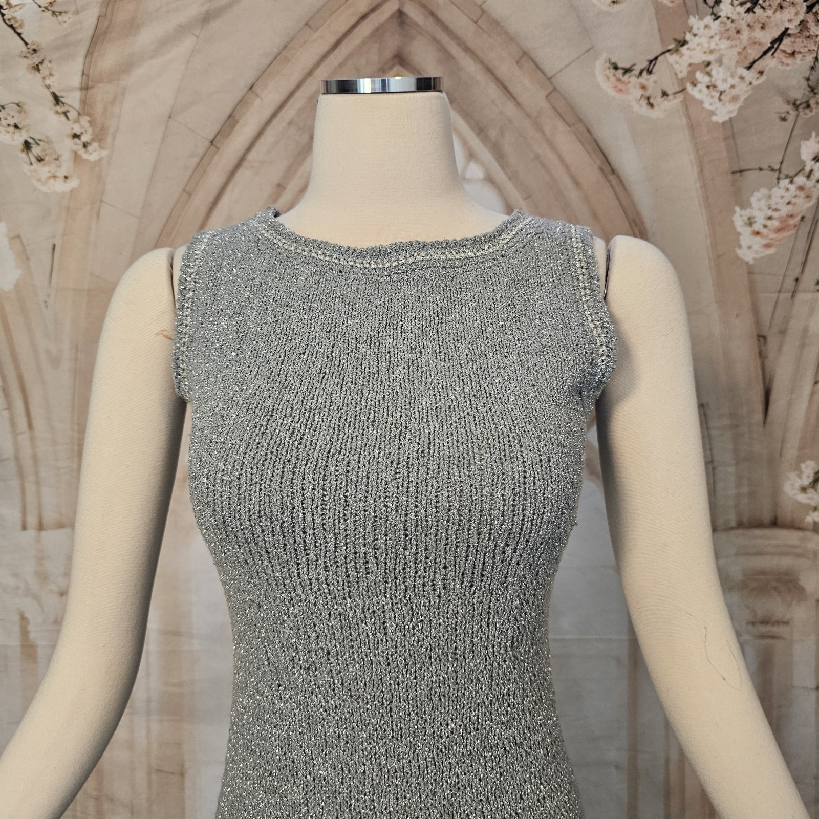 Vintage 1960’s Dress Minidress Silver Gray Metallic Knit Sleeveless Retro Disco