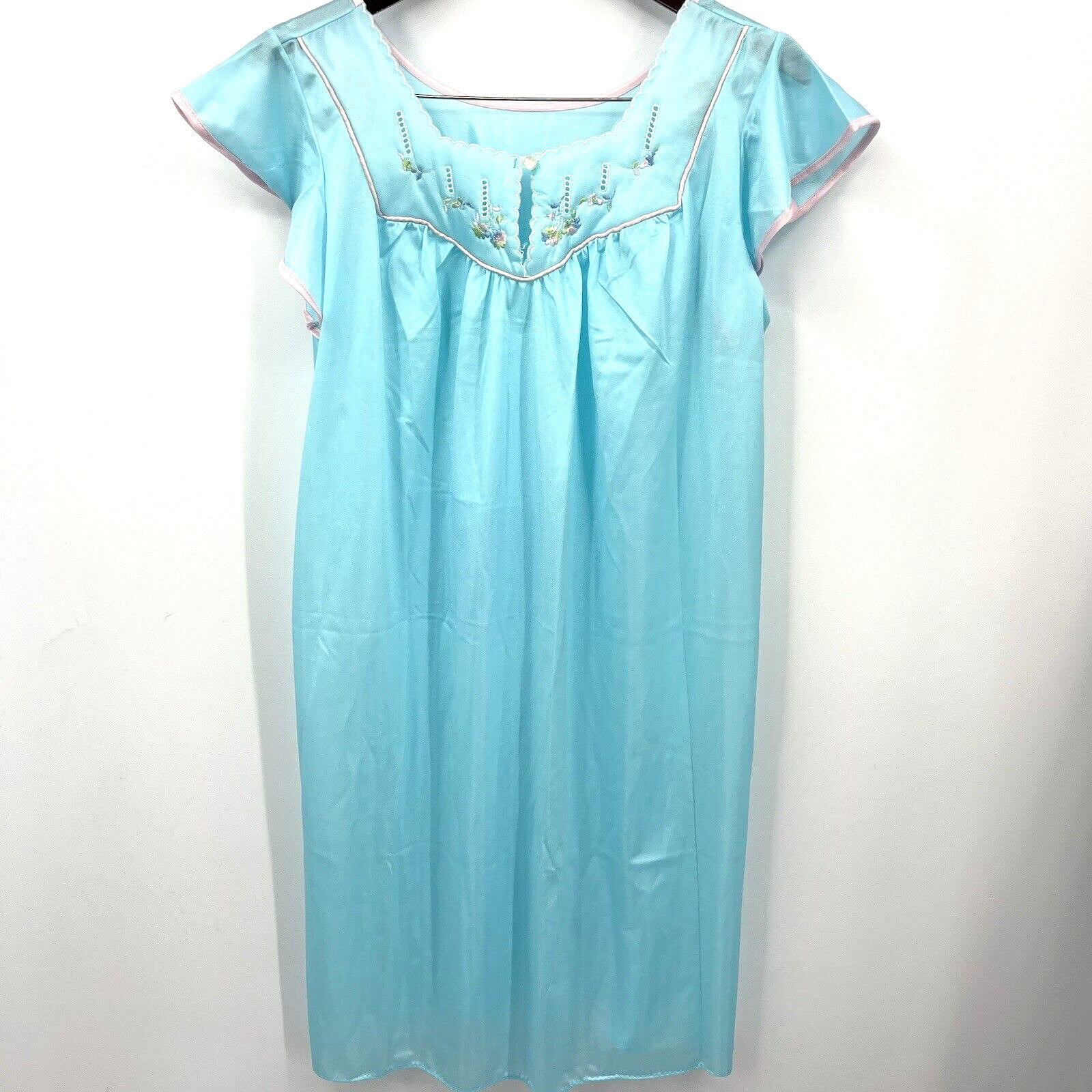 Vintage Nightgown Womens Large Glencraft Embroidered Bodice 80s VTG Blue Sissy