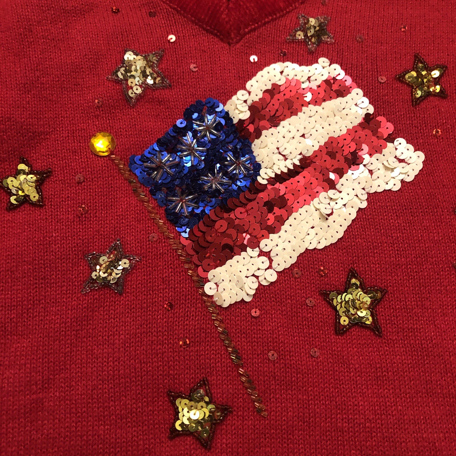 Vintage The Quacker Factory Sequins Beaded Patriot Flag Red Ugly Sweater size XL