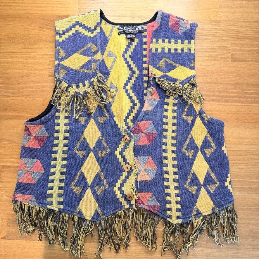 Vintage Agapo Southwest Tribal Fringe Tapestry Vest Cotton Size L