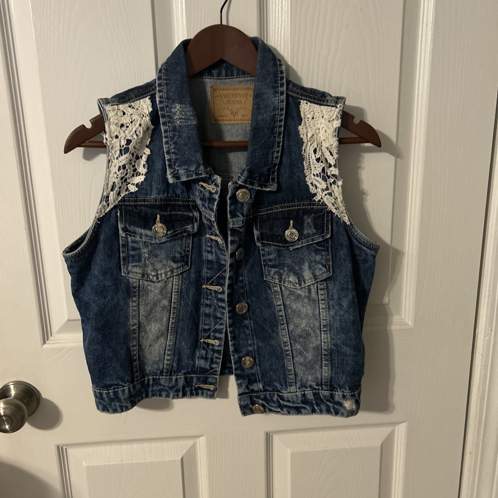 Amethyst Denim Distressed Jean Vest with White Crochet Accents Size Large