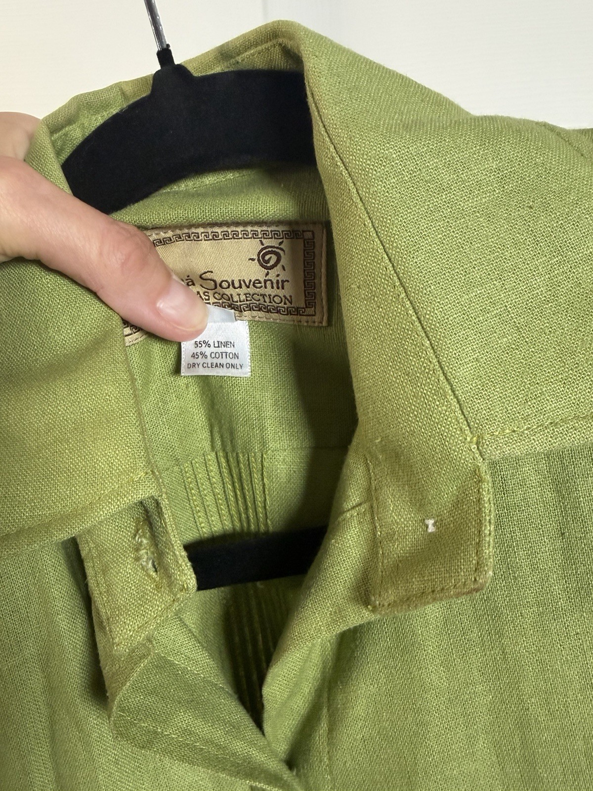 Vintage Panama Souvenir Guayabera Shirt S 55% Linen Cotton Green 4 Pocket