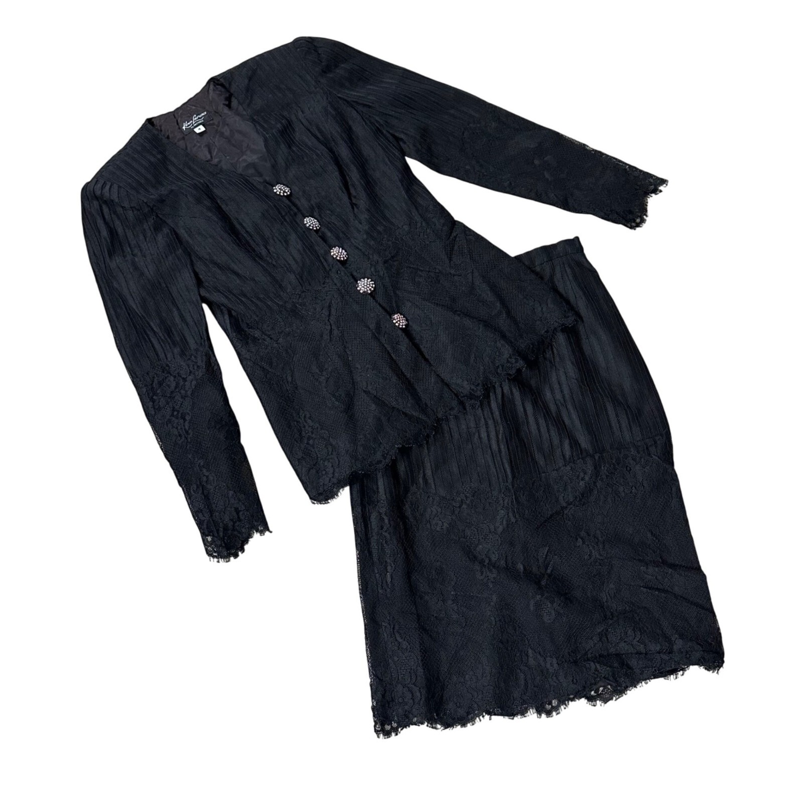 Vintage Black Lace Blazer Skirt Suit Set Size 4 1980s Business Wedding Formal