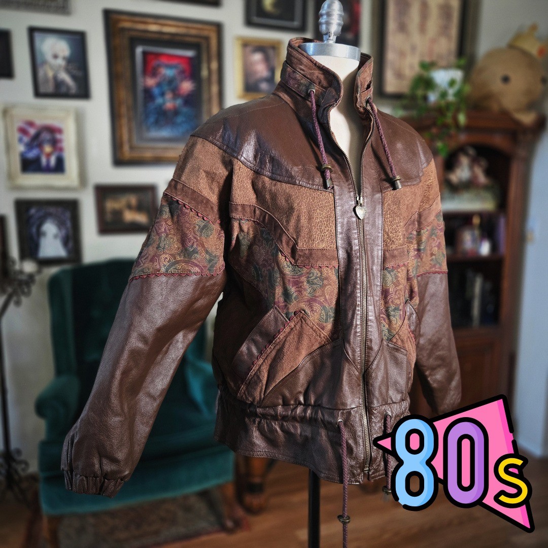 Hunt Club Leather Jacket Vintage 80s Brown Patchwork Paisley Bomber Boho Large