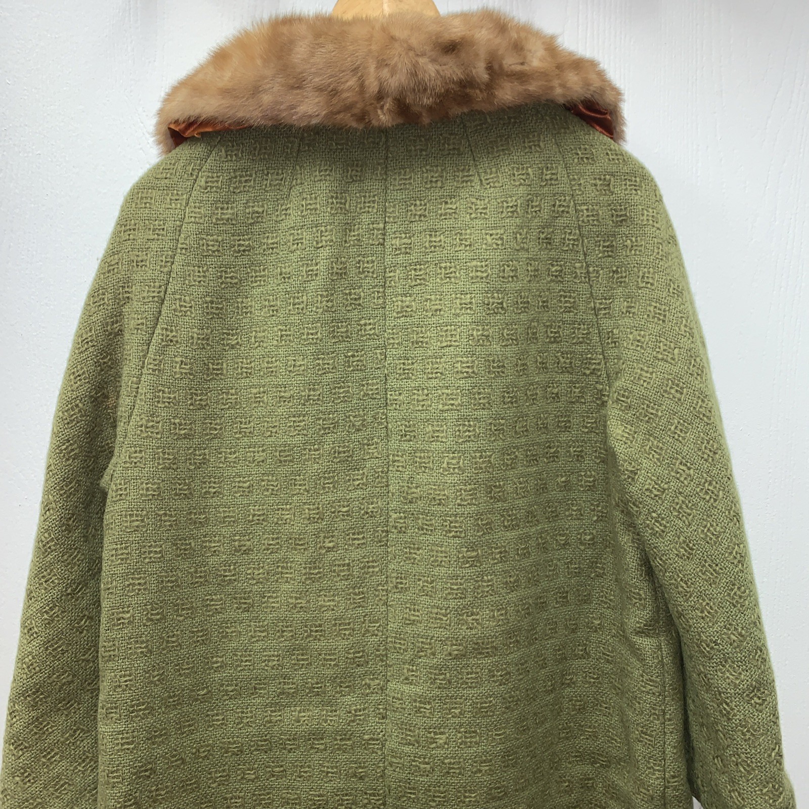 Vintage 50s 60s Tweed Wool Fox Fur Collar Swing Green Coat M USA Union Made