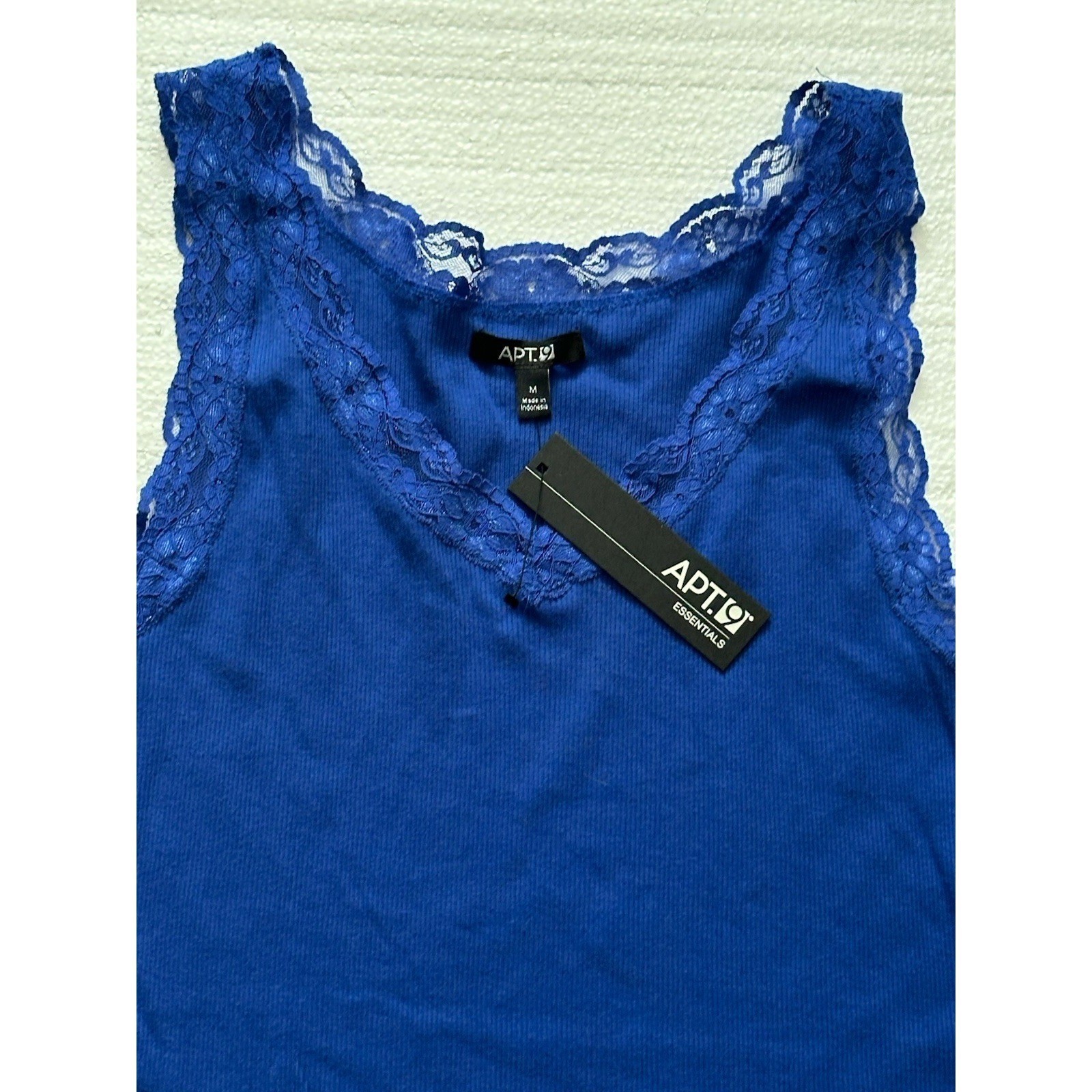 NWT Apt. 9 Y2K Lace Trim Babydoll Top Womens M Dark Blue Stretch Lettuce Hem