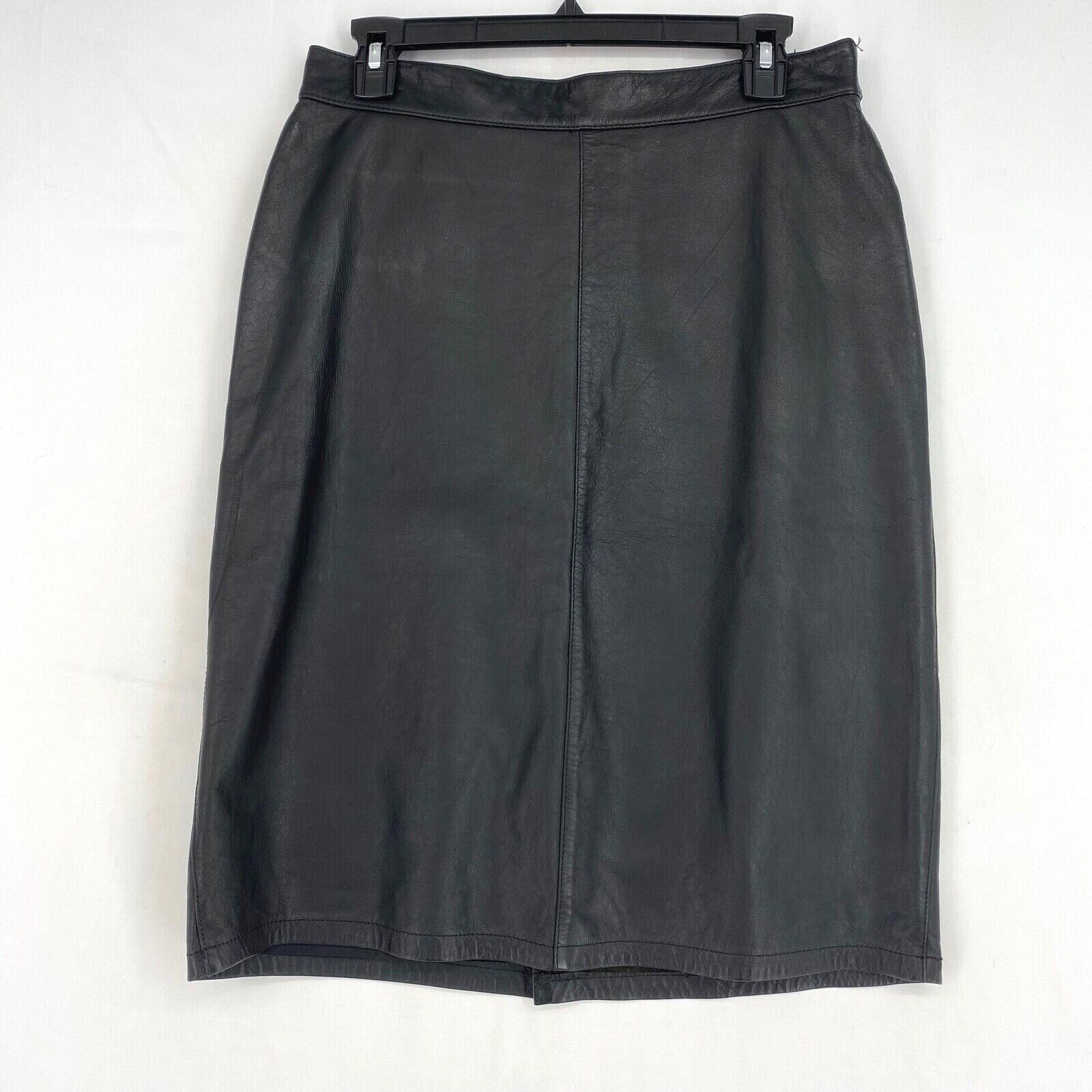 Pelle Vintage Size 13 14 Fits Like 6 Black Leather Skirt Below Knee Back Zipper