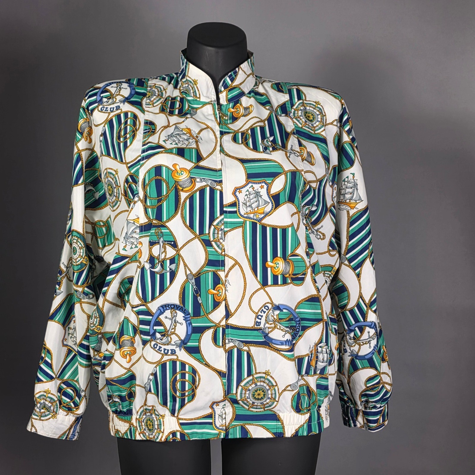 Da-Rue of California Vintage Nautical Sailboat Print Windbreaker Jacket Green 14