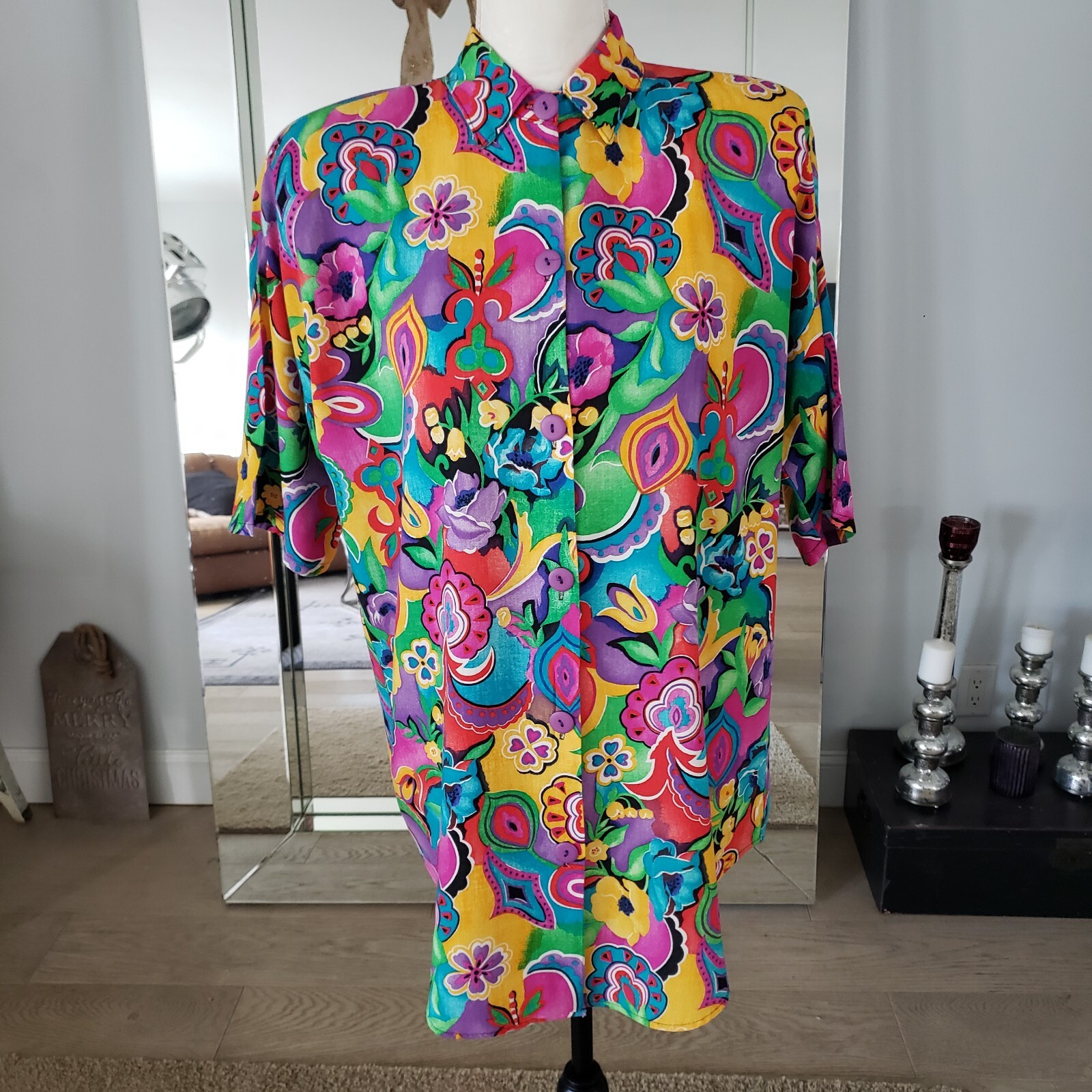Women’s VTG California Connection Tropical Bright Hawaiian Shirt Sz Med 12-14