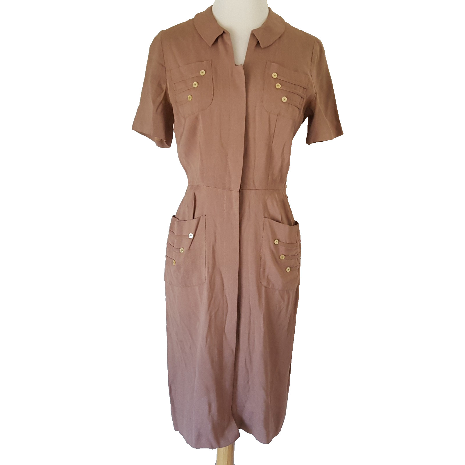 Vintage 40s 50s Brown Dress Size S Button Detail Sheath Secretary Wiggle Lampl