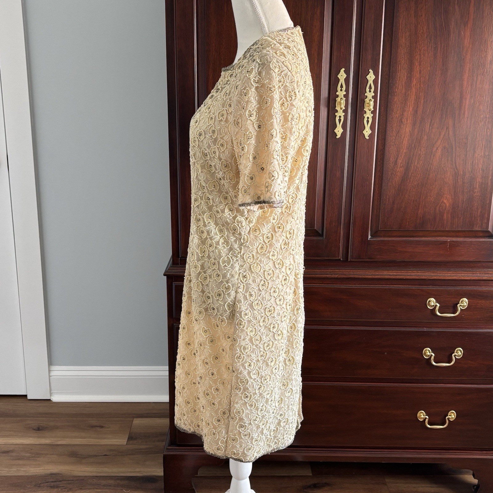Vtg Women’s Stenay Cream Black Glass Beaded Lace Cocktail Formal Shift Dress 8