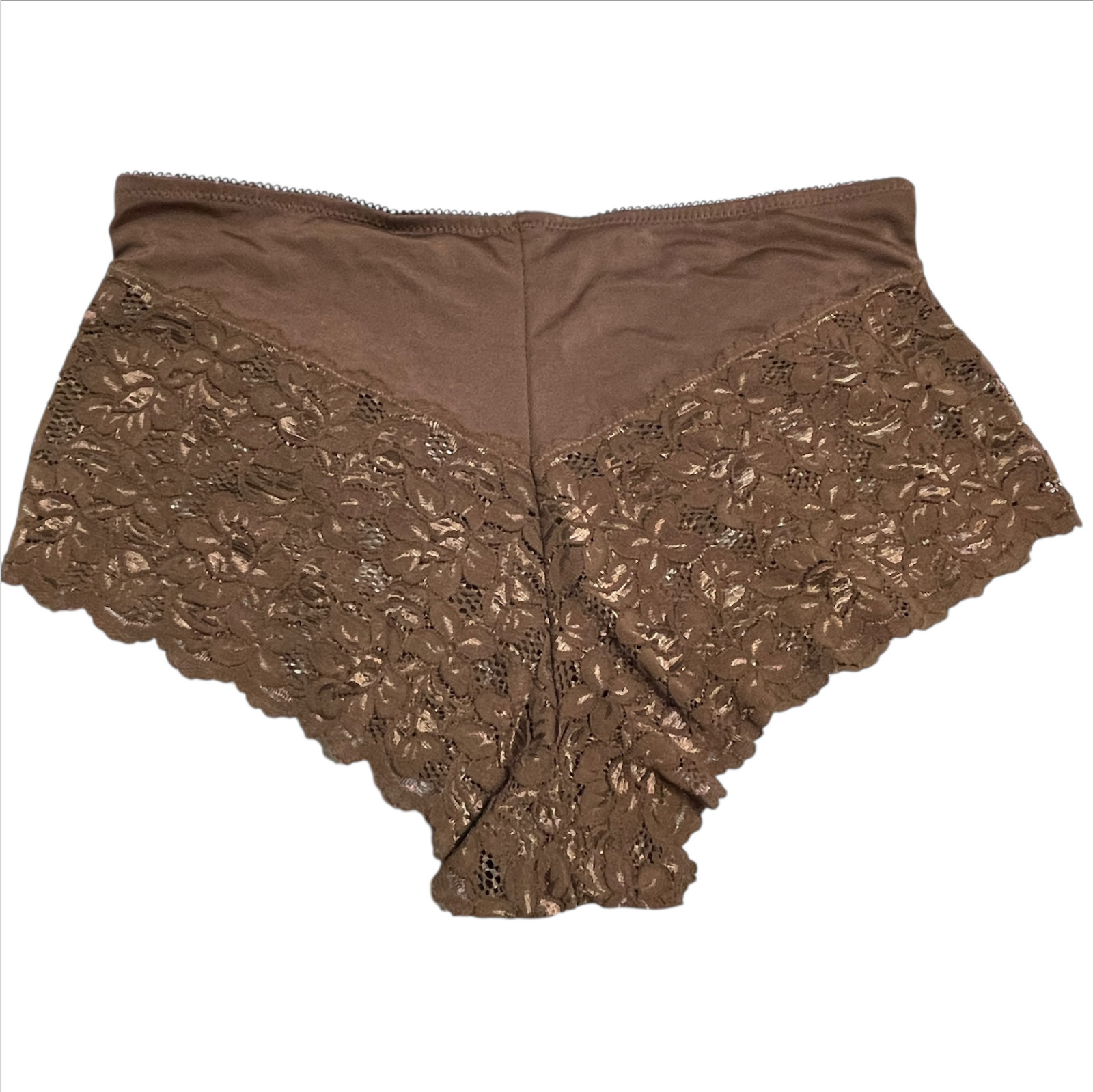 Vtg DELTA BURKE Lace Satin Polyester 9/2X Cheeky Dark Brown Boy Short Panties