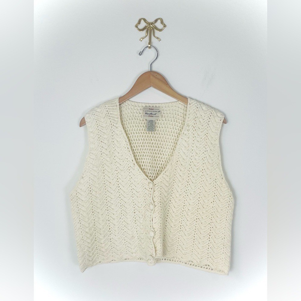 YARNWORKS Open Knit Sweater Vest Women’s Sz L Hand knit Ivory Hippie Boho