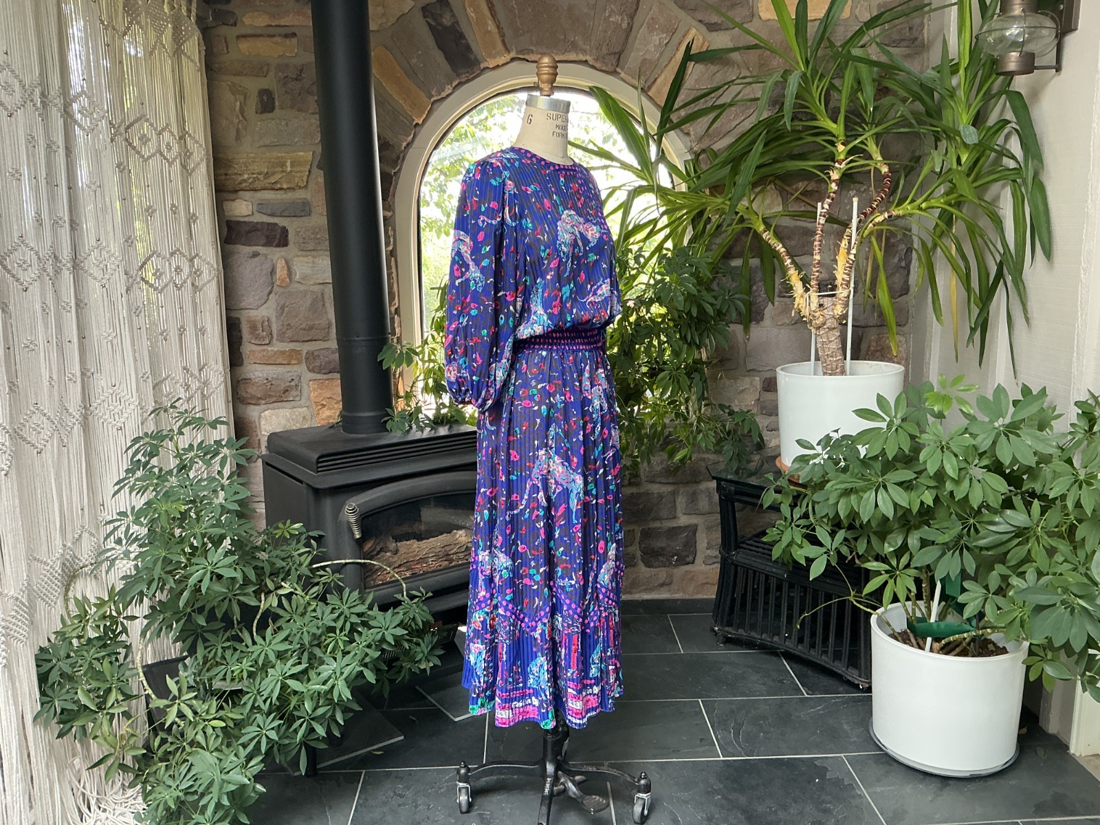 Vintage Blue and Pink Sequin Panther and Floral Print Midi Dress Diane Freis