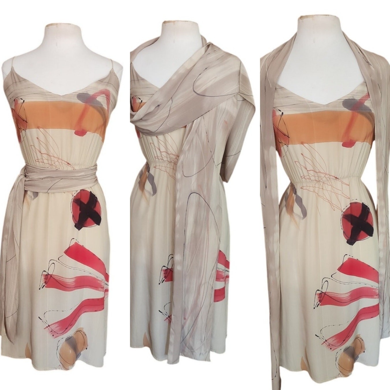 VTG 80s Nicole Chicago Dress Silk Geometric Abstract Print Scarf Belt Sash S