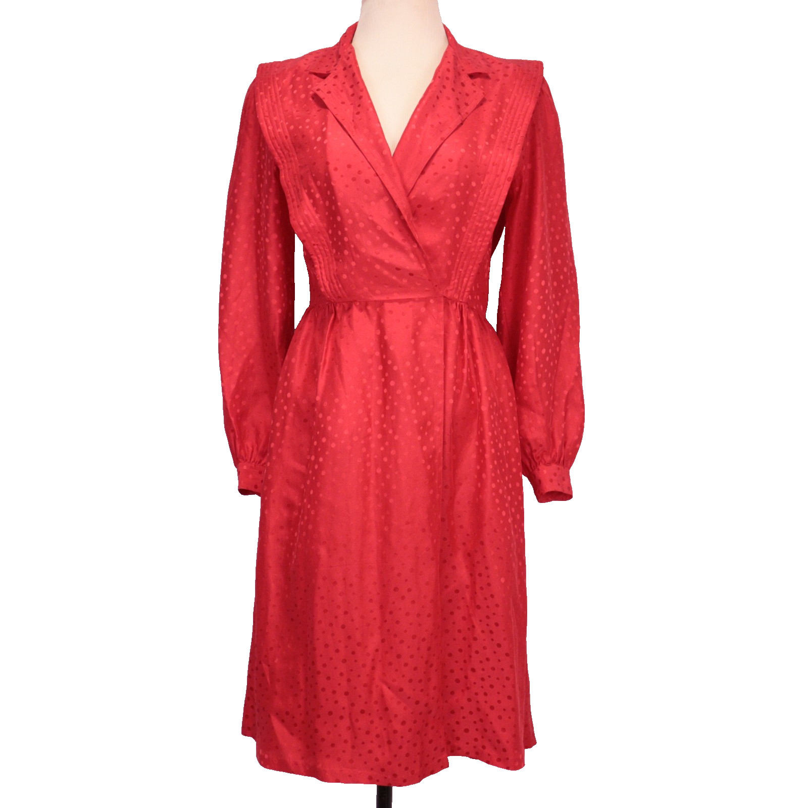 VTG 80s ARGENTI 100% Silk Red Satin Polka Dot Secretary Dress Midi Coquette Sz 4