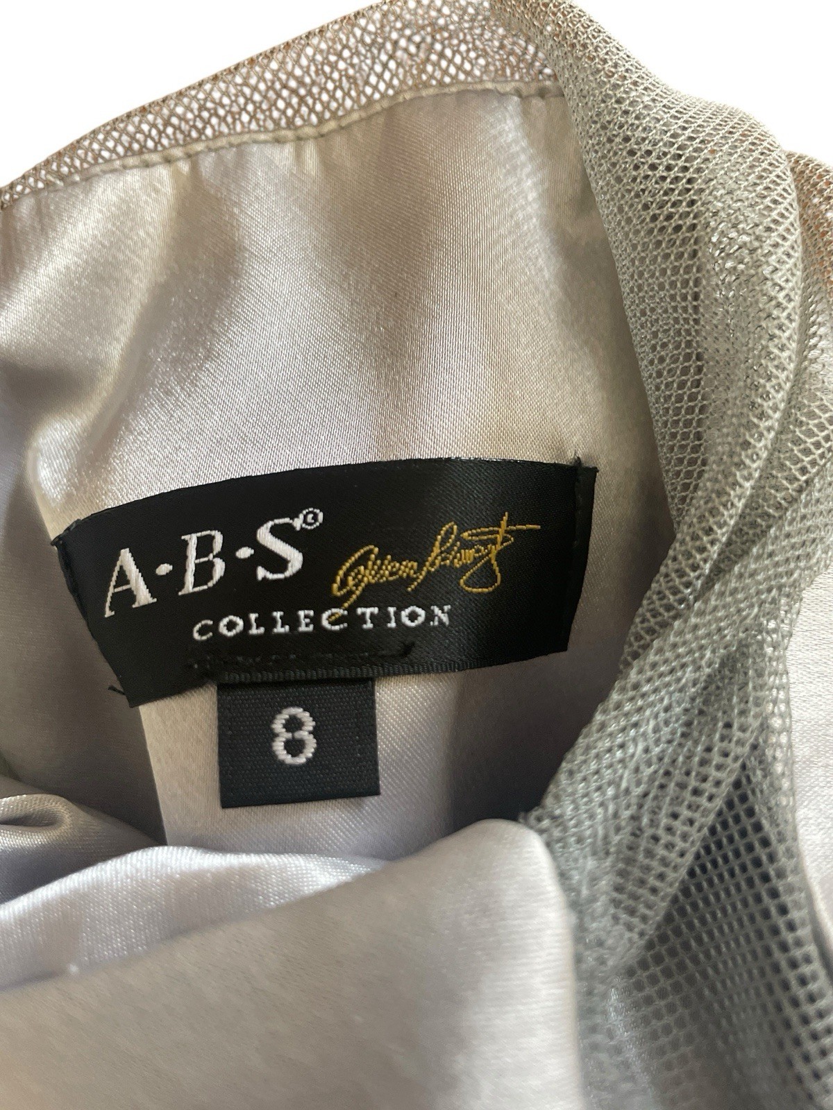 Vtg 90s A.B.S Allen Schwartz Satin Silver Dress Gown Y2K Old Hollywood Glam Sz 8