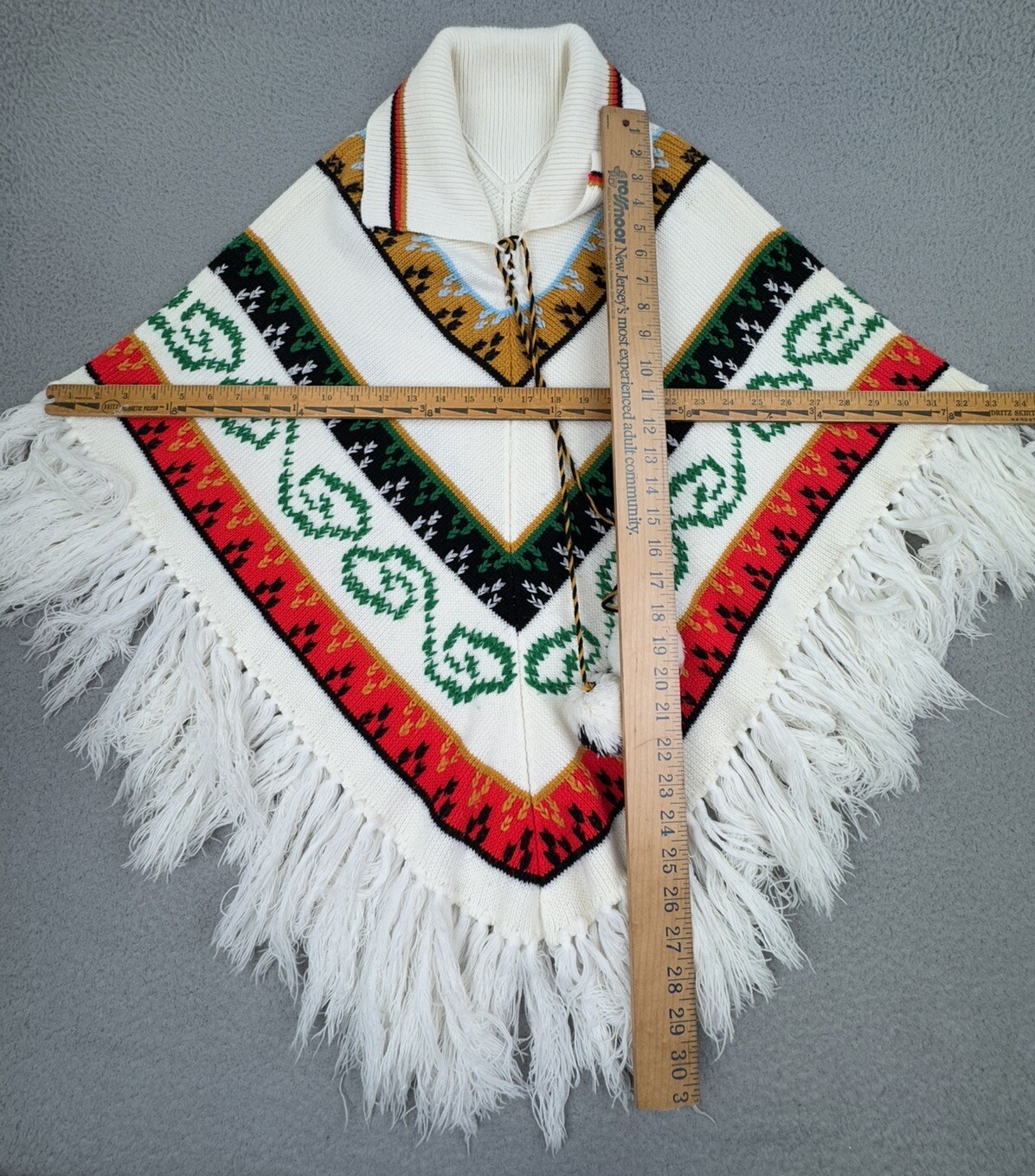 Vintage 70s Knitted Poncho Sweater Tassels Bohemian Hippie Pom Poms