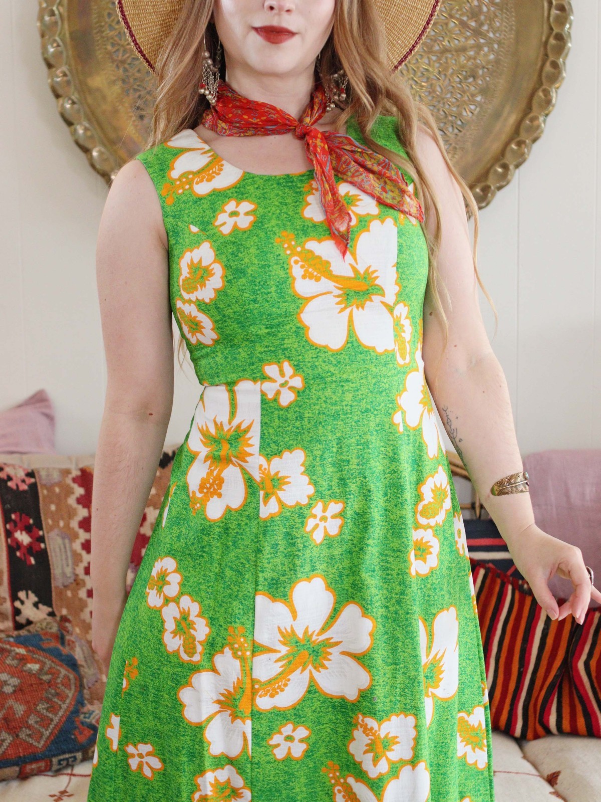 VTG Robin Art of Hawaii Green Hawaiian Barkcloth Dress 1970s Maxi Cotton dress