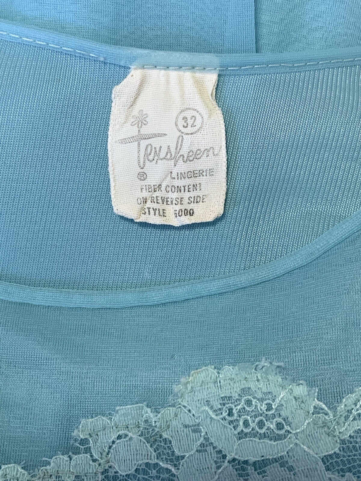VTG Texsheen Lingerie Chiffon Green Blue Nightgown Dress Nylon Sheer Lace 32