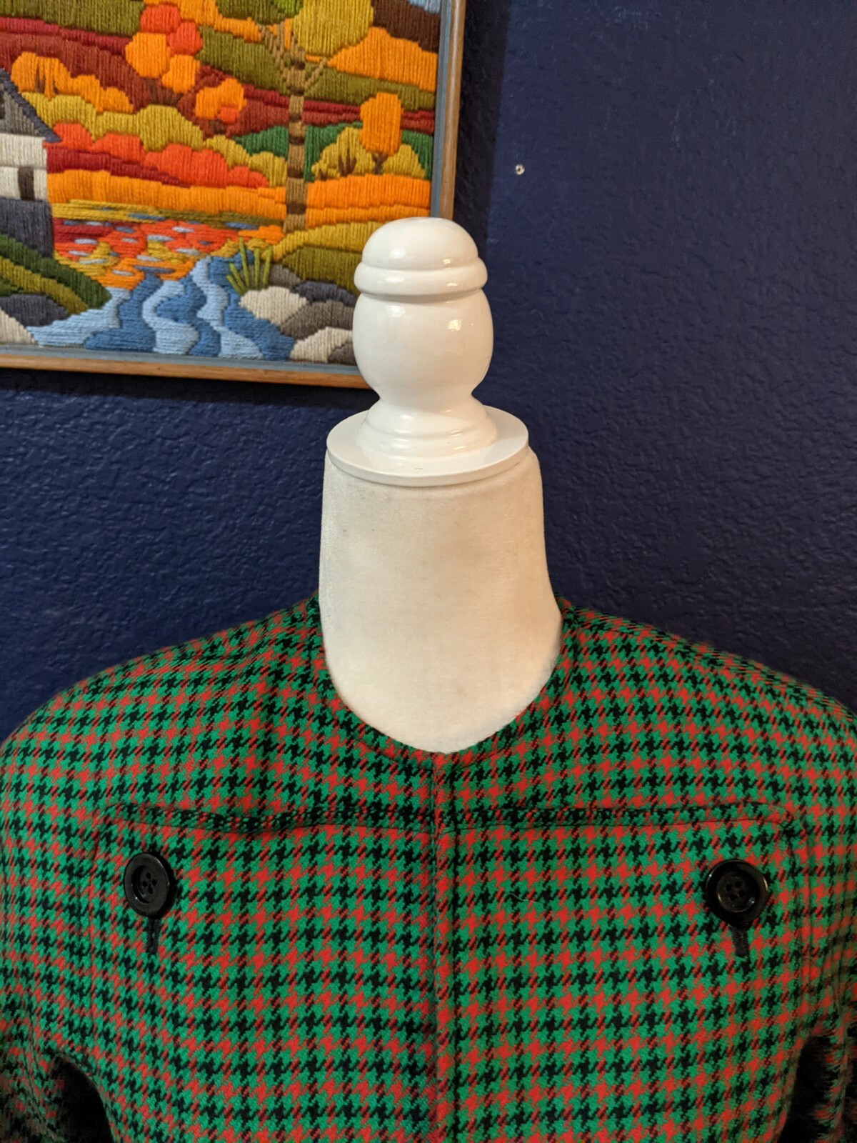 VTG Carlisle Green Red Plaid Collarless Blazer Jacket 100% Wool Sz 6 Small S