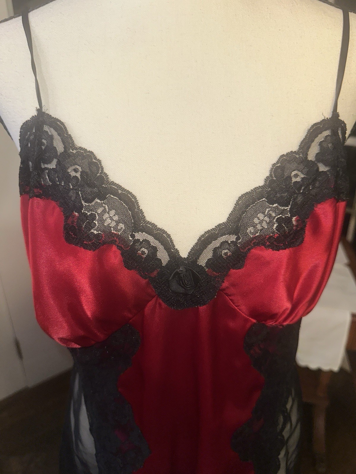 Vintage 90s Red Black Lace Babydoll Chemise Lingerie Sheer Cutout Negligee Large
