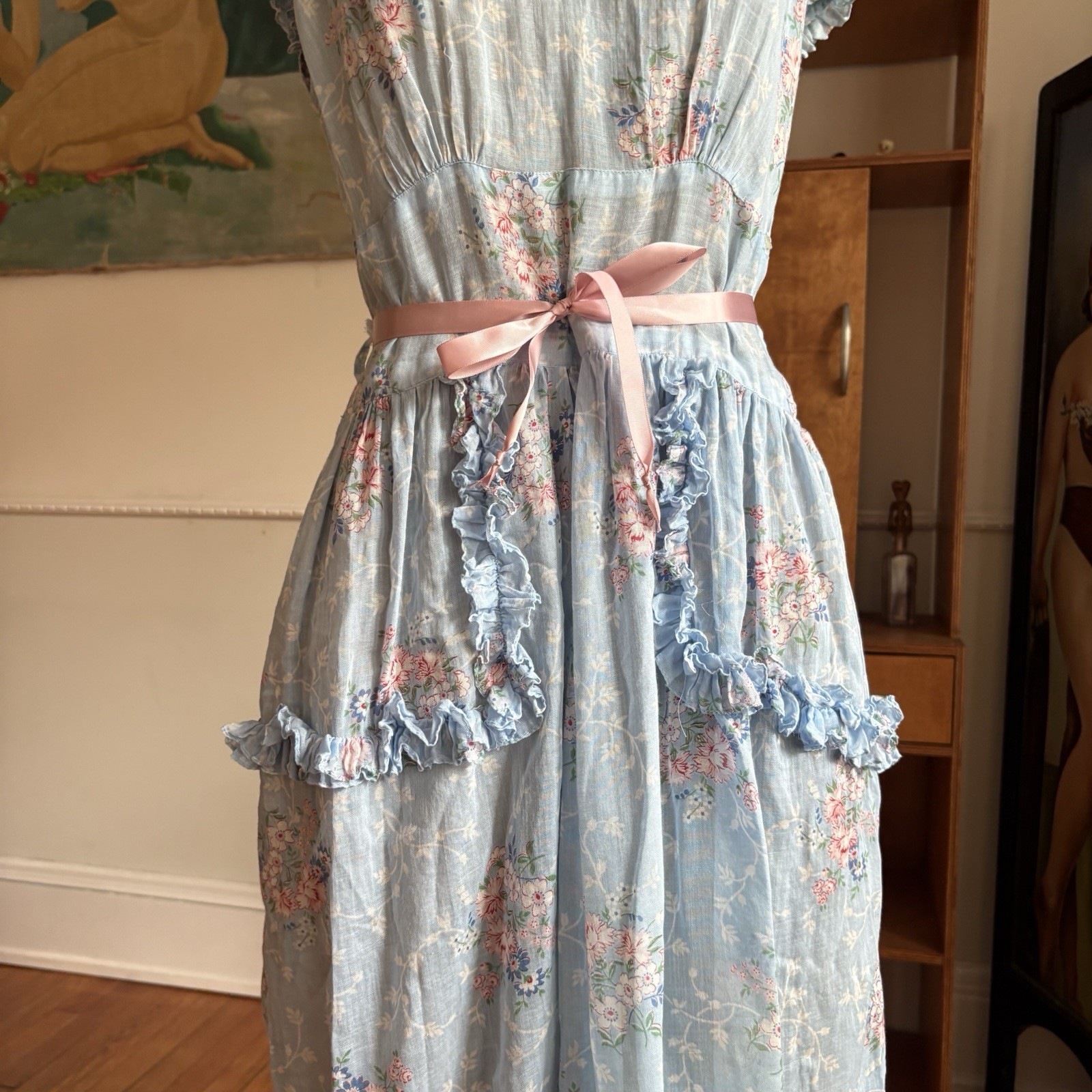 Vintage 1940s Blue Floral Cotton Voile Fabric Dress Ruffle Trim Summer